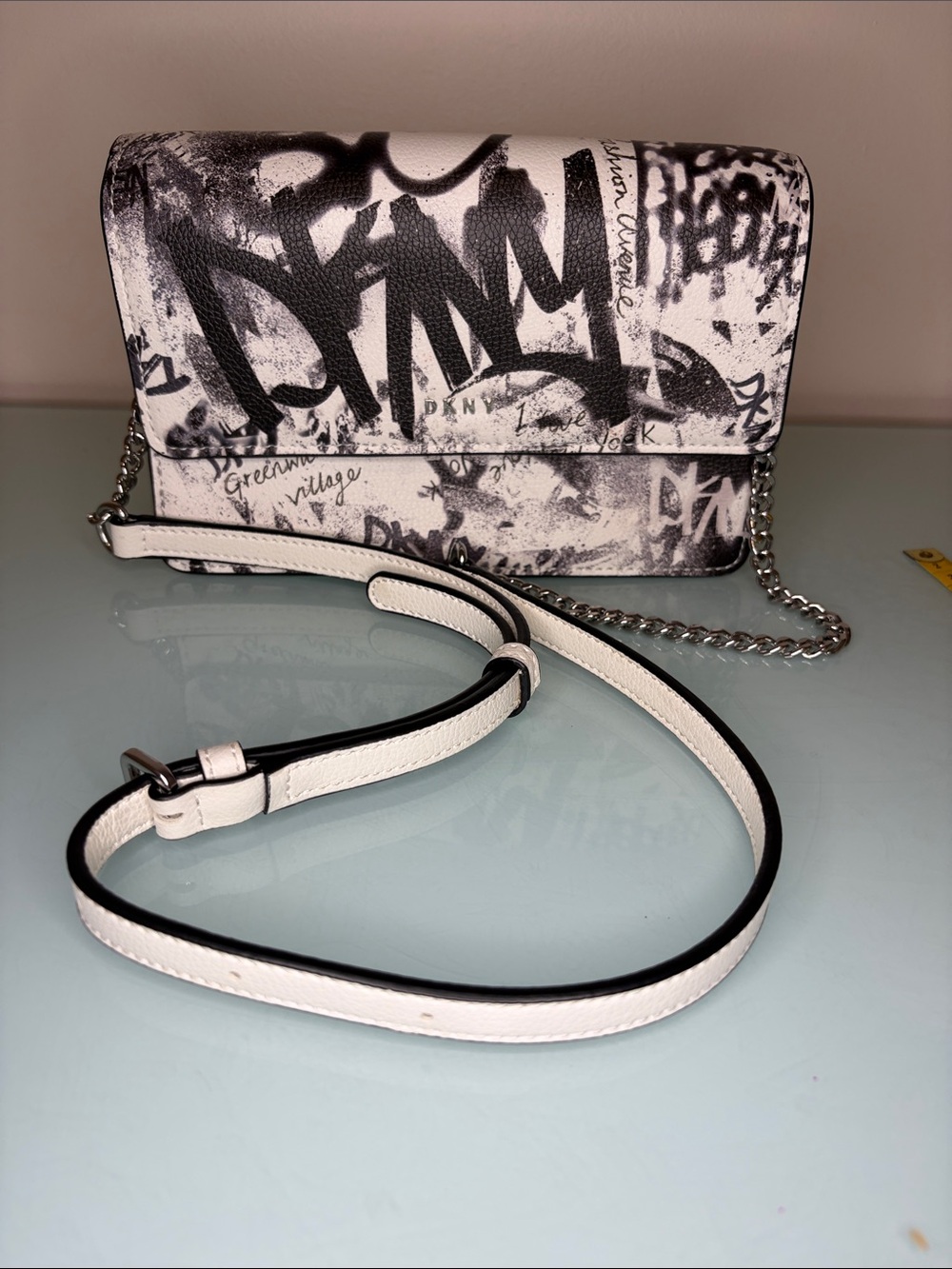 DKNY White and Black Graffiti Print Crossbody Bag